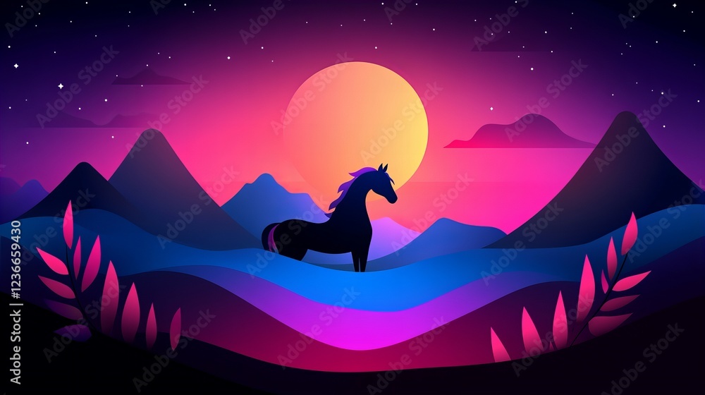 Naklejka premium Silhouette of a horse at sunset in a vibrant landscape.