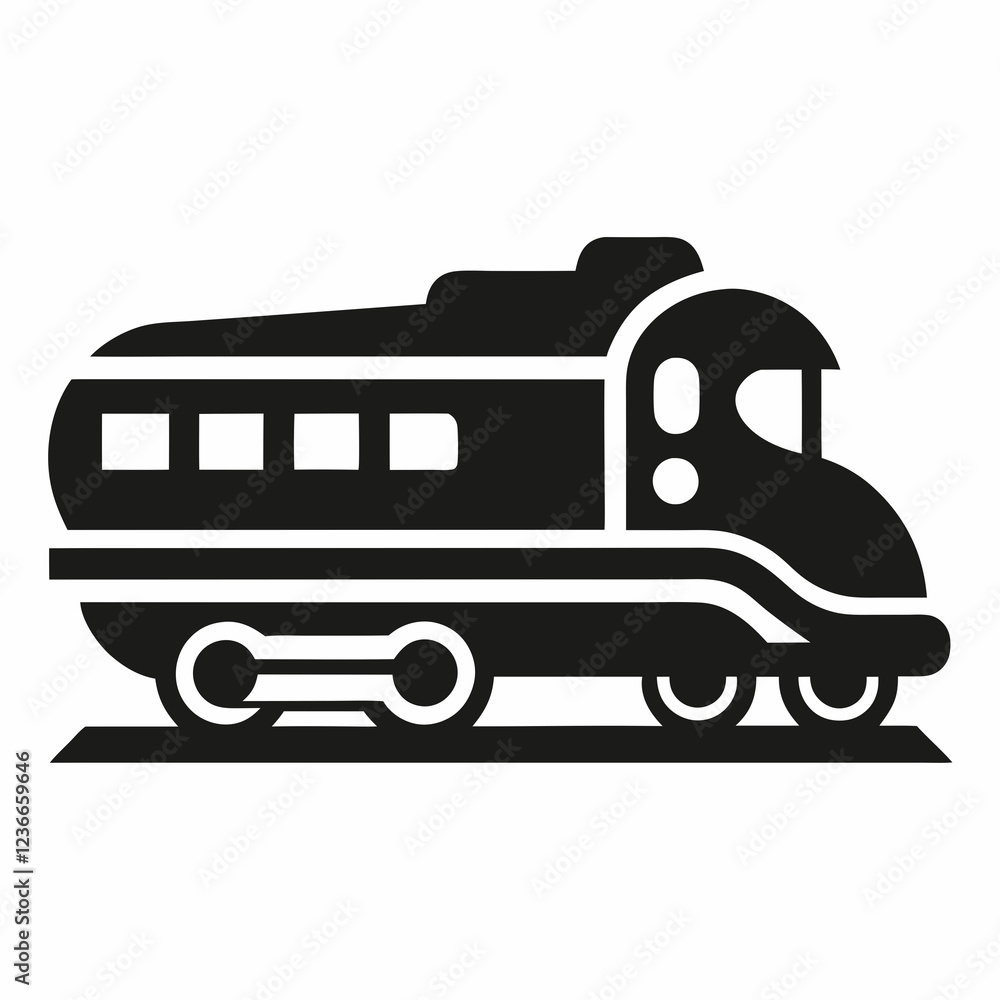 Simple black and white train icon on tracks Simple black and white train icon on tracks