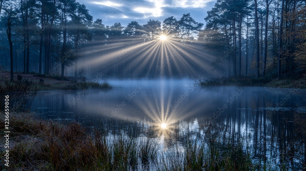 Fototapeta premium Sun Rays Illuminate Misty Forest Lake at Dawn Nature Photography Tranquil Atmosphere