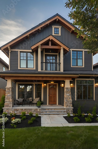 Wallpaper Mural Luxury Modern Home Exterior: Stunning Gray Facade with Stone Accents and Spacious Porch Torontodigital.ca