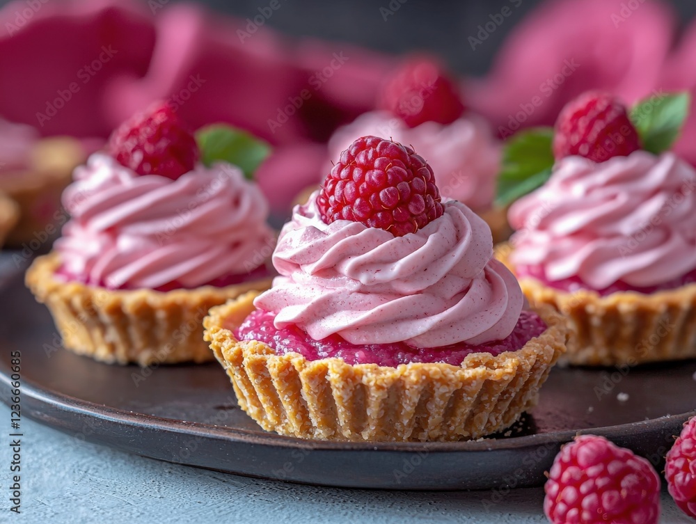 Delicious Raspberry Cream Tartlets with Fresh Berries on Dark Plate Delicious Raspberry Cream Tartlets with Fresh Berries on Dark Plate