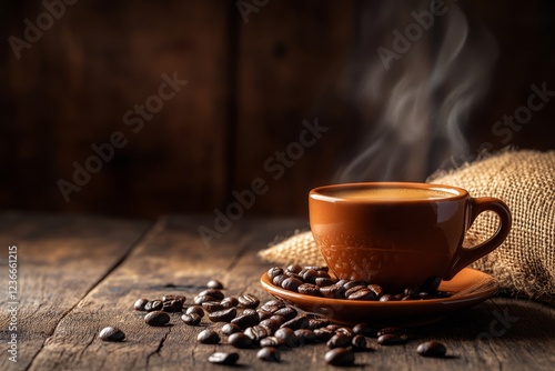 Steaming cup of coffee with beans on rustic wood. photo