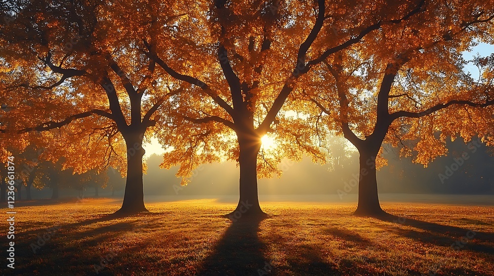 Autumn trees sunrise grass Autumn trees sunrise grass