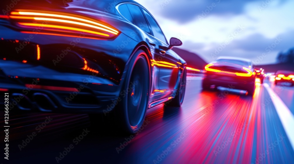 Naklejka premium Dynamic Night Scene of Sport Cars on Highway with Motion Blur Effects