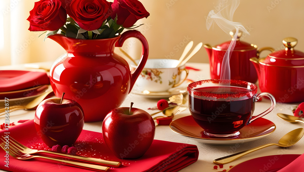 Fototapeta premium A vibrant and cozy still life of a breakfast table setting, adorned with an abundance of bright red accents, against a warm and inviting beige background, featuring a crimson tablecloth, bold roses