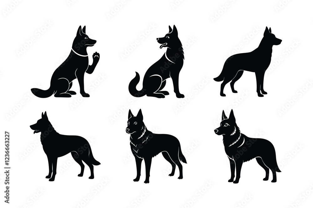 German Shepherd silhouette collection on white background German Shepherd silhouette collection on white background