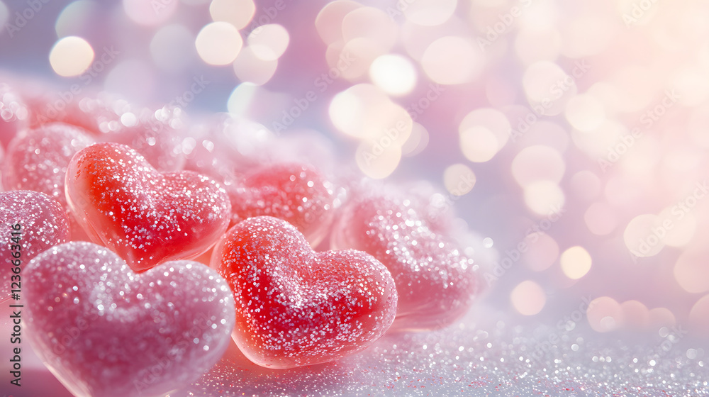 Fototapeta premium This enchanting image features glittering heart-shaped candies in a dreamy soft-focus setting, perfect for conveying love, romance, and sweetness in your projects.