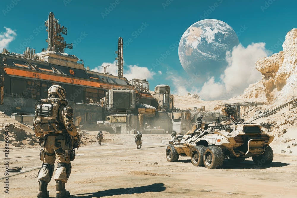 Futuristic Mars Colony Scene with Astronaut and Rover Exploration Futuristic Mars Colony Scene with Astronaut and Rover Exploration