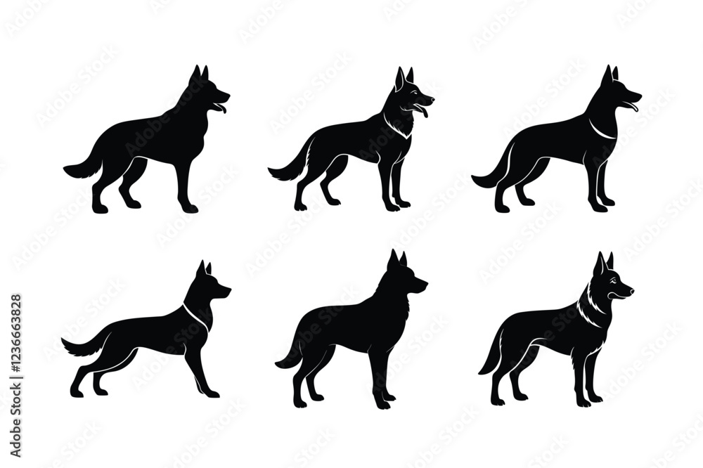 Various German Shepherd silhouettes in black on white background Various German Shepherd silhouettes in black on white background
