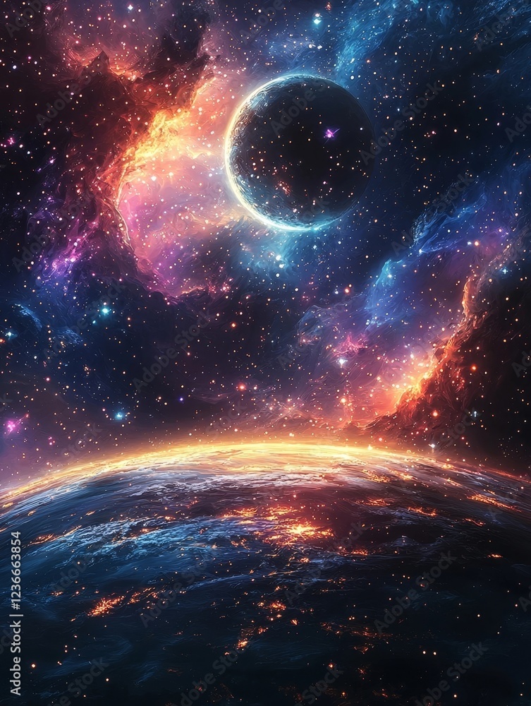 Obraz premium Galactic Wonderland of Swirling Stars and Luminous Planet Covered in Glowing City Lights