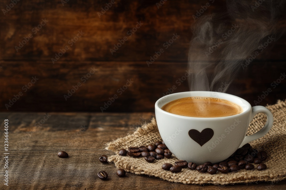 Steaming cup of coffee with heart design on rustic wood, surrounded by coffee beans. Steaming cup of coffee with heart design on rustic wood, surrounded by coffee beans.