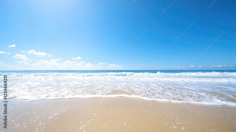 Fototapeta premium Sunny beach, ocean waves, clear sky, summer vacation background