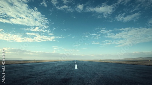 Empty asphalt runway extending to a clear blue sky with clouds.