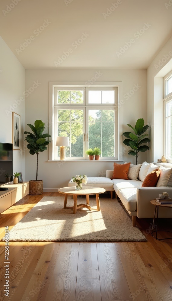 Fototapeta premium Bright living room, light walls, warm wood floors, house, pine