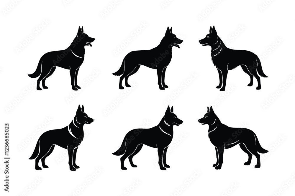 German Shepherd dog silhouette bundle on white background German Shepherd dog silhouette bundle on white background