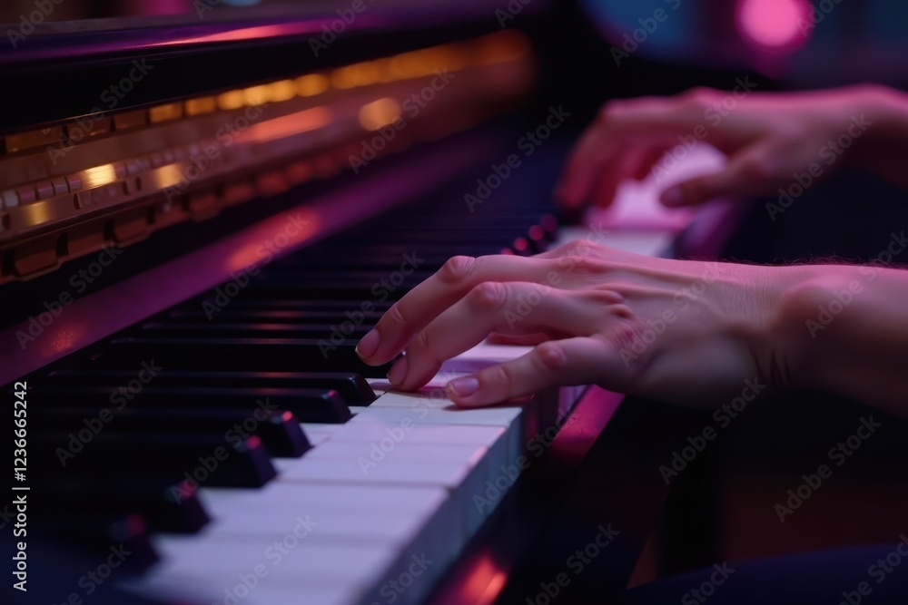 Obraz premium Elegant hands on piano keys, playing a nocturne, art, instrument