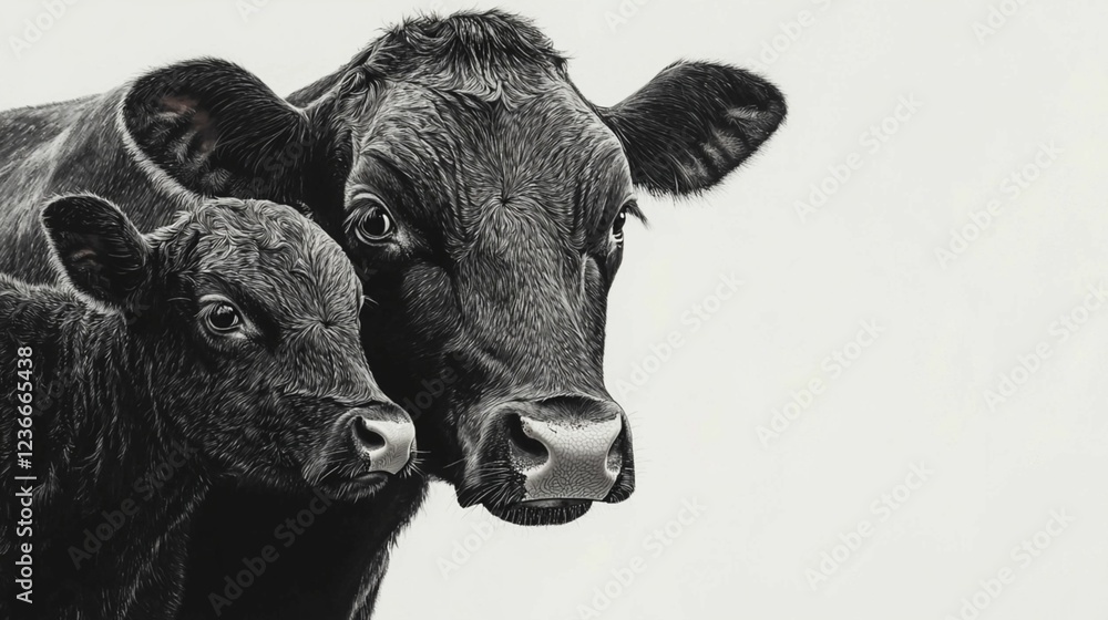 Close-up Portrait of a Mother Cow and Her Calf Showcasing a Tender Bond in a Minimalistic Style for Farm or Livestock Themed Projects Close-up Portrait of a Mother Cow and Her Calf Showcasing a Tender Bond in a Minimalistic Style for Farm or Livestock Themed Projects