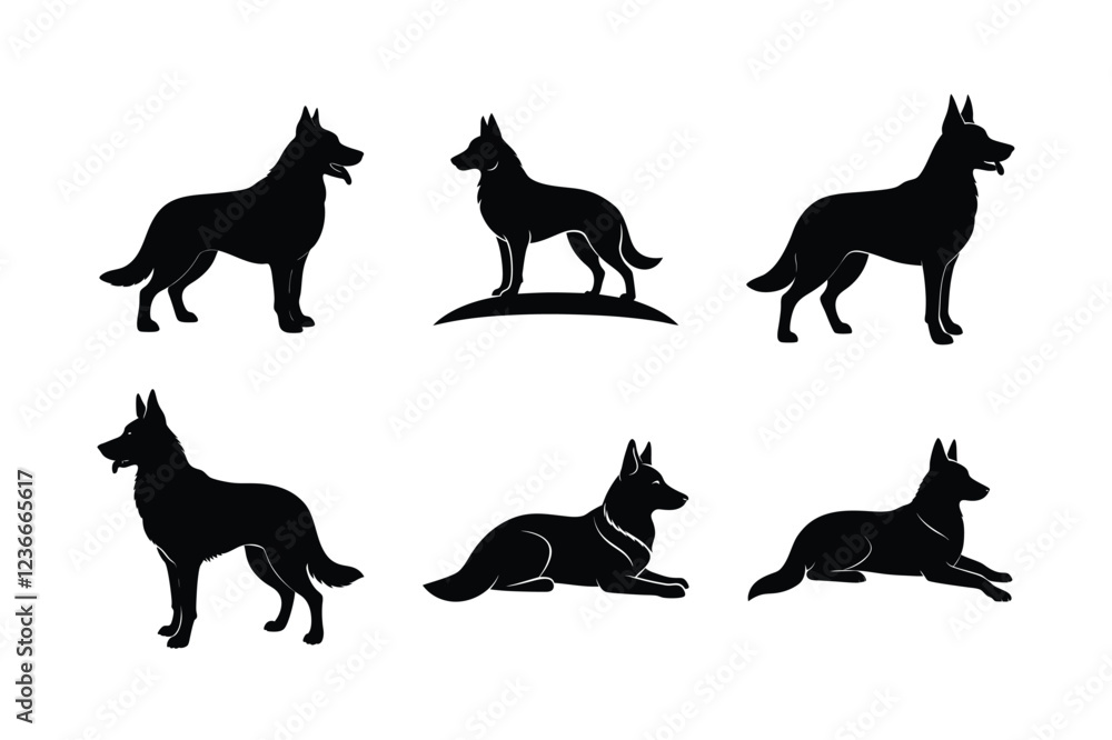 German Shepherd silhouette collection in black isolated on white German Shepherd silhouette collection in black isolated on white