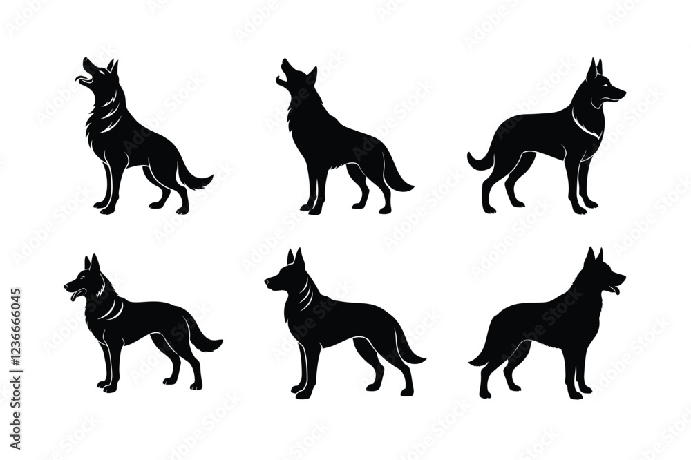 German Shepherd silhouette bundle on white with different poses German Shepherd silhouette bundle on white with different poses