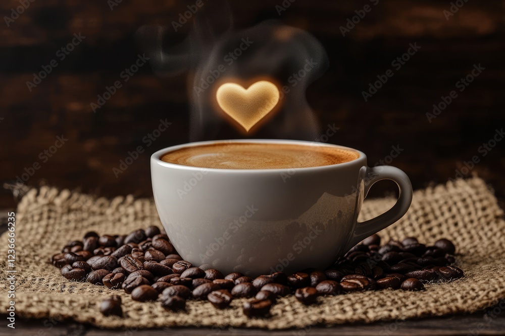 Steaming coffee cup with heart-shaped steam, surrounded by coffee beans on burlap. Steaming coffee cup with heart-shaped steam, surrounded by coffee beans on burlap.