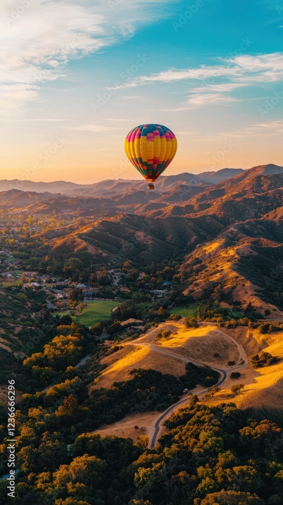 Colorful Hot Air Balloon Gliding Over Scenic Mountainous Landscape at Sunset Colorful Hot Air Balloon Gliding Over Scenic Mountainous Landscape at Sunset