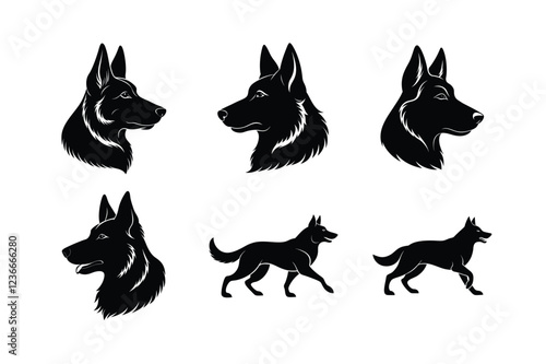 Silhouette set of German Shepherd dogs on white background