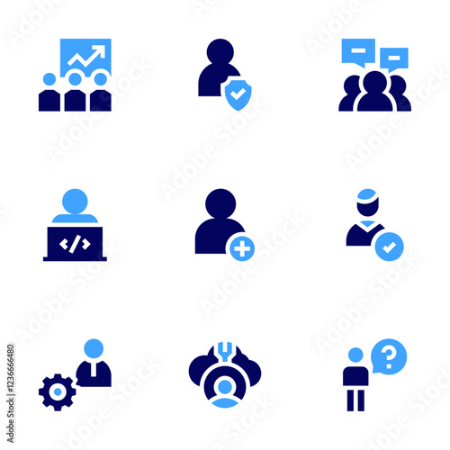 User icon set. Bold style. Duotone colors. protection, training, software engineer, add user, user, group, question mark