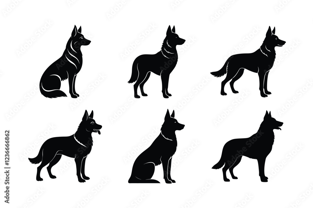 German Shepherd dog silhouette set in black on white German Shepherd dog silhouette set in black on white