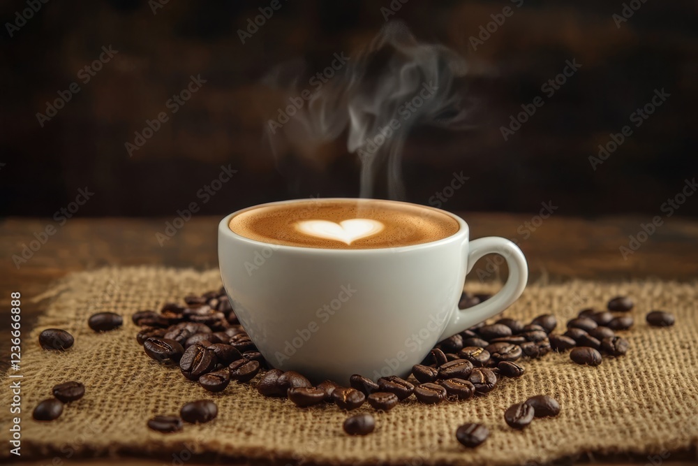 Steaming latte art coffee cup on burlap with beans. Steaming latte art coffee cup on burlap with beans.