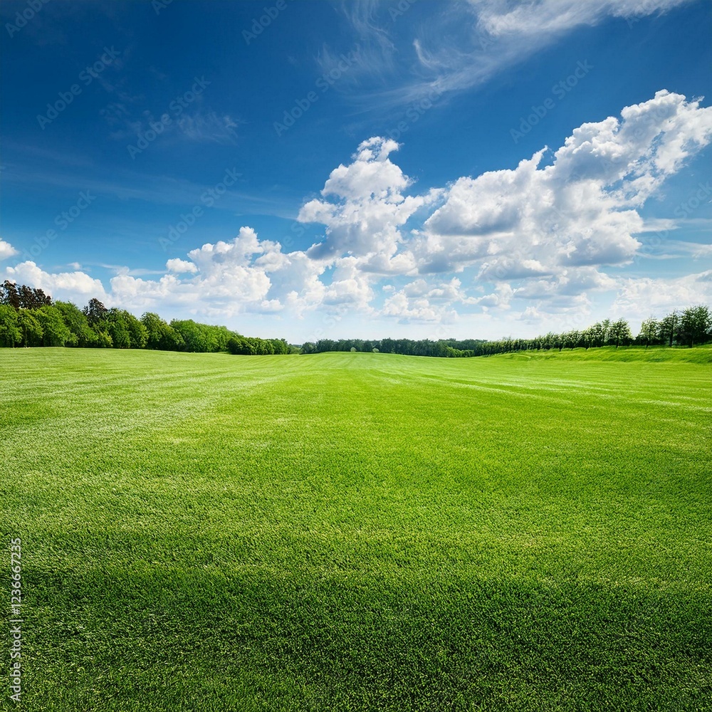Beautiful natural scenic panorama green field of cut grass into and blue sky with clouds on horizon. Perfect green lawn on summer sunny day. Beautiful natural scenic panorama green field of cut grass into and blue sky with clouds on horizon. Perfect green lawn on summer sunny day.
