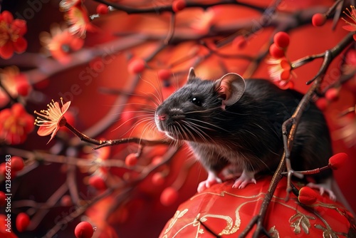 Black rat celebrating lunar new year sitting on traditional red ornament with gold decorations and surrounded by red plum blossoms photo