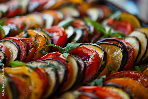 Sliced zucchini, tomatoes, eggplant, and herbs are layered and baked in a traditional french tian