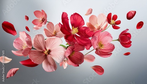 Red spring flowers flying on a transparent background. Beautiful pastel pink flower arrangement. Summer aesthetic concept.
