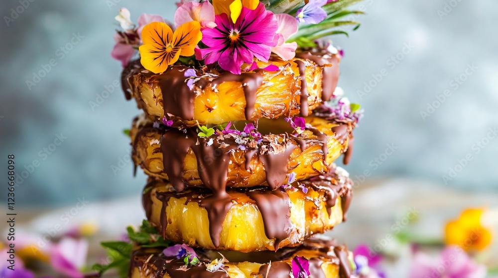 A beautifully layered tower of chocolate-dipped pineapple rings, drizzled with caramel and garnished with edible flowers A beautifully layered tower of chocolate-dipped pineapple rings, drizzled with caramel and garnished with edible flowers