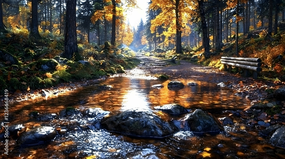 Autumnal forest path, stream, bench, sunlight. Peaceful nature scene, ideal for relaxation themes Autumnal forest path, stream, bench, sunlight. Peaceful nature scene, ideal for relaxation themes