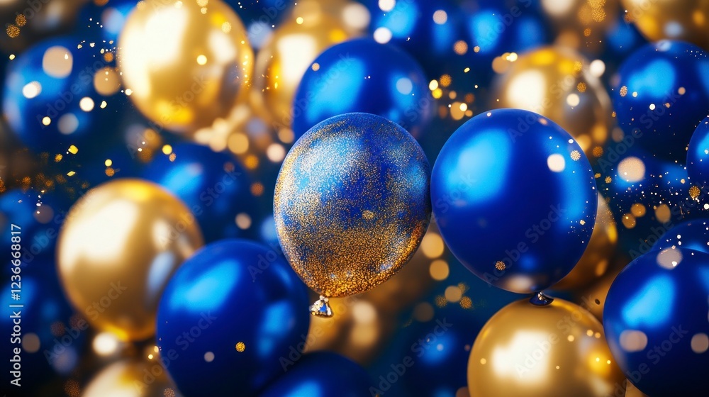 Background with blue and gold balloons, birthday party background, birthday decoration, blue and golden color, bright light, realistic, detailed, high-definition. Background with blue and gold balloons, birthday party background, birthday decoration, blue and golden color, bright light, realistic, detailed, high-definition.
