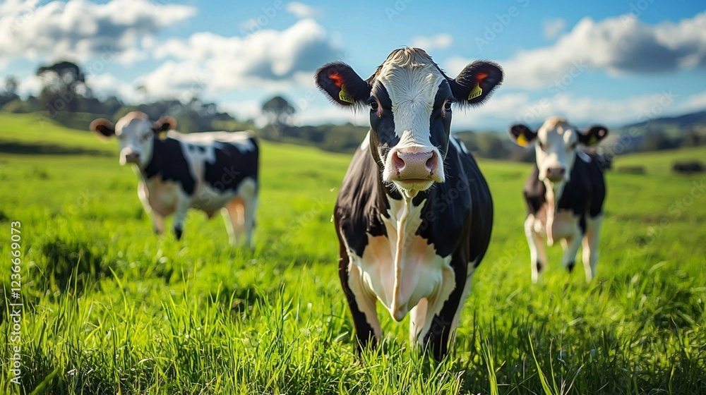 Close-Up of Curious Cows in Green Pasture with Bright Blue Sky and Fluffy Clouds Creating a Serene Farming Landscape in Rural Area Close-Up of Curious Cows in Green Pasture with Bright Blue Sky and Fluffy Clouds Creating a Serene Farming Landscape in Rural Area