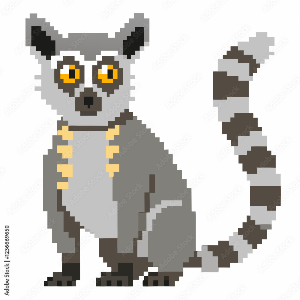 Fototapeta premium Pixel Art of a Ring Tailed Lemur with Bright Yellow Eyes and Striped Tail