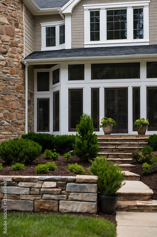Stunning Stone House Exterior with Landscaped Garden and Walkway Stunning Stone House Exterior with Landscaped Garden and Walkway
