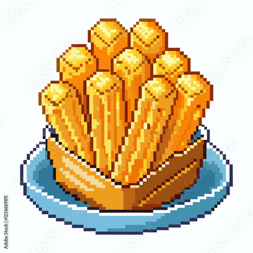Pixel Art of Churros in a Basket on a Plate   Retro Gaming Style Dessert Illustration