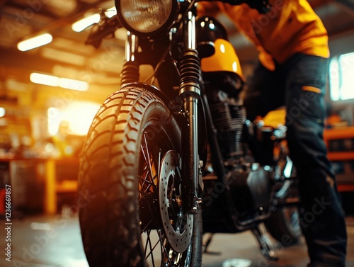 Mechanic Focusing on Vintage Motorcycle Repair with Yellow Accents in a Bright Workshop photo