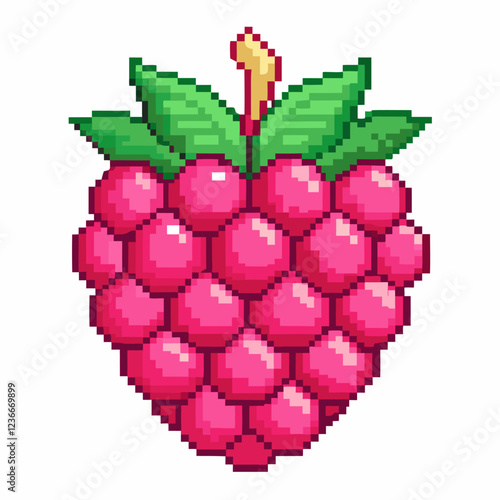 Pixel Art Raspberry Illustration Vibrant 8 Bit Style Digital Fruit Graphic with Green Leaves