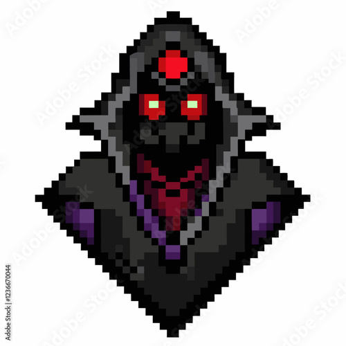 Pixel Art Dark Hooded Character with Red Eyes and Mysterious Aura
