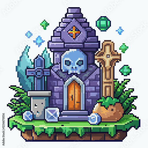 Pixel Art Haunted Tomb with Skull and Crosses in a Spooky Graveyard Scene