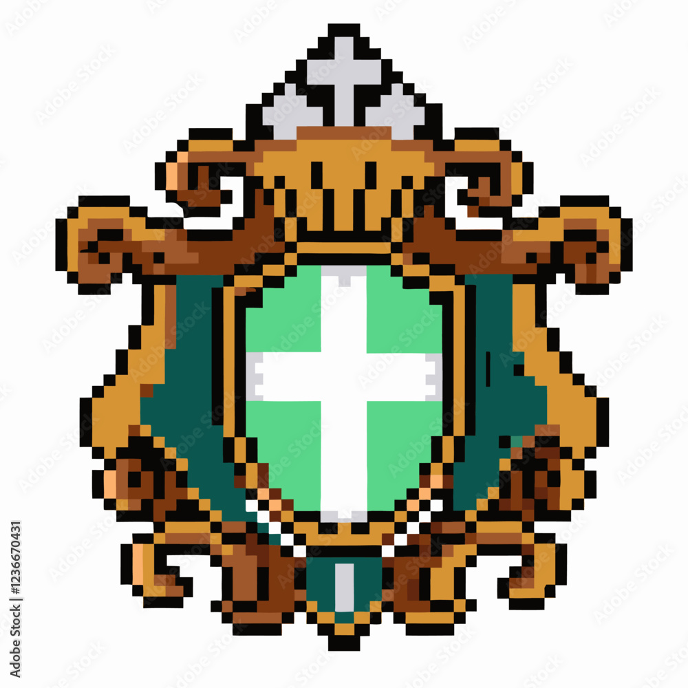Obraz premium Pixel art medieval shield with white cross emblem, vintage gaming style, retro design, 8 bit crest illustration