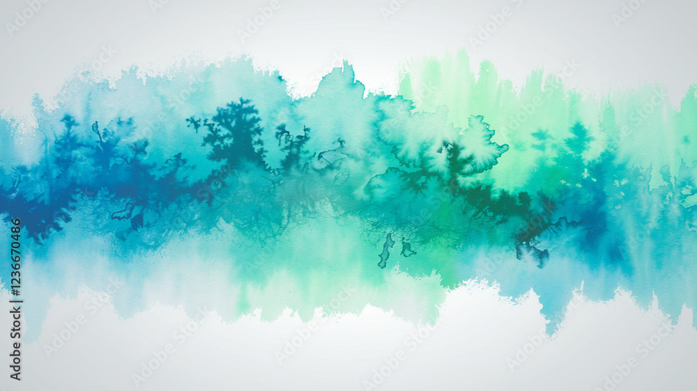 Fototapeta premium Minimalist pastel watercolor design with soft teal and aqua tones blending seamlessly. Delicate green streaks add variety, while the white background enhances the airy, organic, and textured aesth