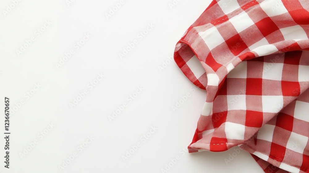 Red checkered napkin front view isolated on white background. Rustic chic style mockup perspective. Red checkered napkin front view isolated on white background. Rustic chic style mockup perspective.