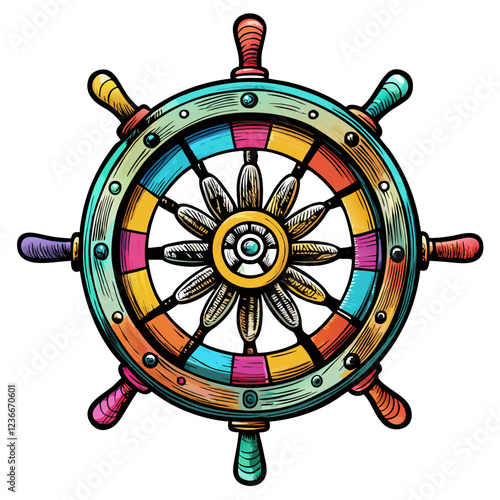 Colorful Vintage Ship Wheel Nautical Illustration, Maritime Decor, Retro Style, Vector Art