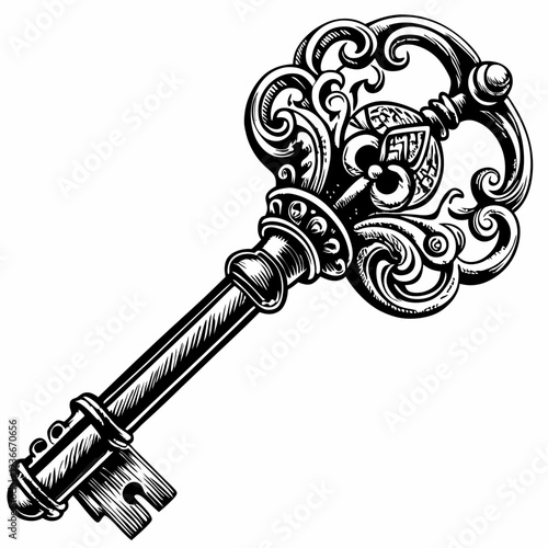 Intricate vintage skeleton key illustration in black and white, ornate antique design, historical elegance and craftsmanship