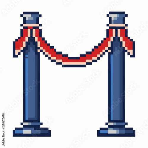 Pixel art style classic blue stanchions with red rope, digital retro design, vintage aesthetics, game graphics